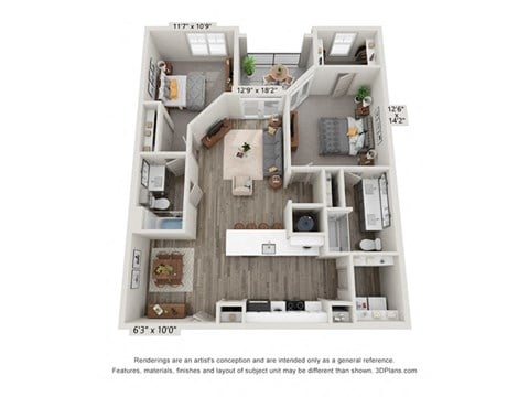 Floor plan for 2 beds, 2 baths, 1191 sqft